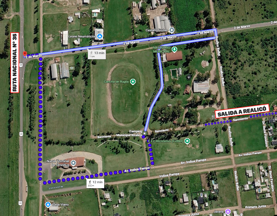 Recorridos señalados para ingresar al Parque Recreativo Municipal desde la Ruta Nacional 35 y desde Realicó